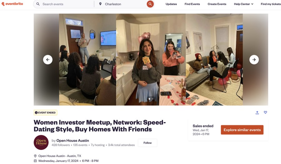 Eventbrite listing for Open House Austin’s January 2024 women investor networking meetup