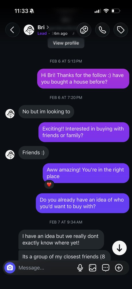 Joynt Instagram conversation welcoming a follower and asking about her plans to buy with friends