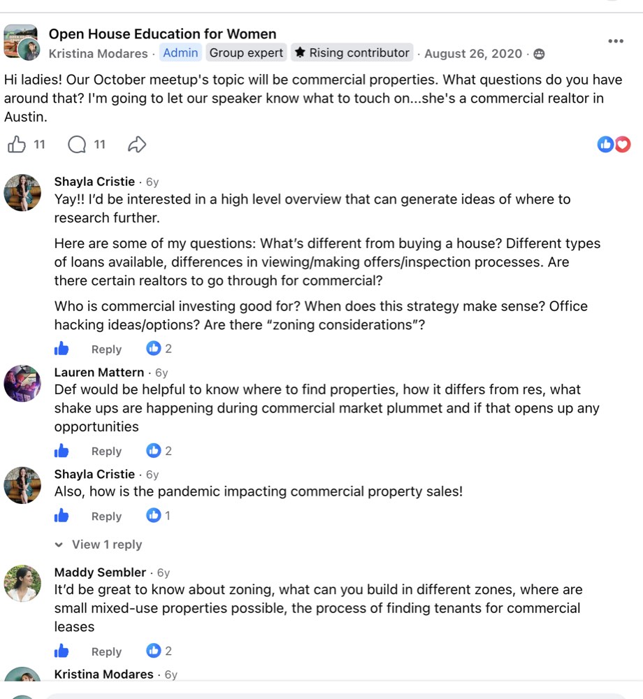 Member questions for an upcoming speaker in the Open House Austin women investor group